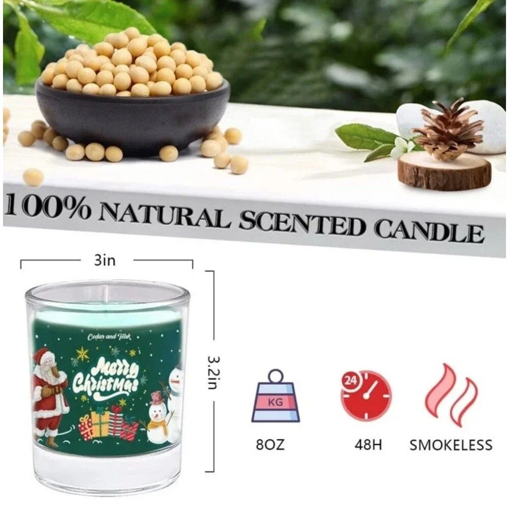 Cedar & Teak Scented 8 oz Smokeless Soy Wax Candle Glass Jar Merry Christmas NEW